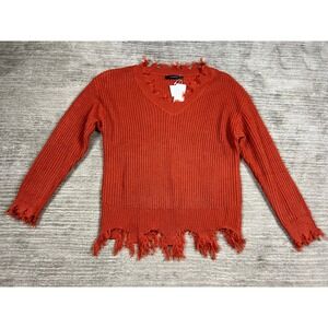 Leani Sweater Women Medium Burnt Orange Distressed V-Neck Ribbed Knit Frayed Hem